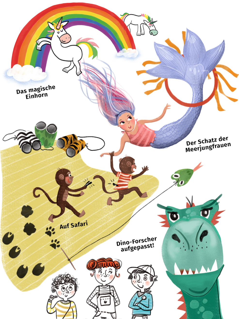 Spieleillustration_ulrikehalvax_meerjungfrau_safari_dino_einhorn